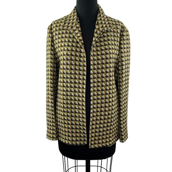 ZANELLA Green Jacket Geometric Wool Open Front Collared Single Breasted 10 ITALY - Picture 1 of 10